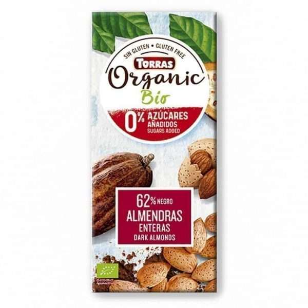 Chocolate Negro sin Azúcar 62% Cacao con Almendras Enteras Bio Torras 150 gr