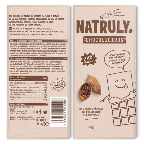 Chocolicious Chocolate Sin Azúcar 72% Natruly 85g